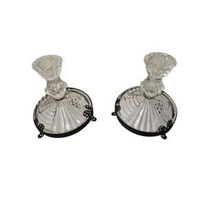 Vintage Pair Depression Glass Candlesticks Black Filagree Base Set 4.5"